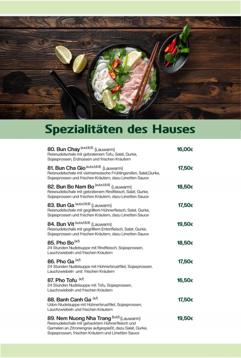 Speisekarte, Nguyễn fernöstliche Spezialitäten