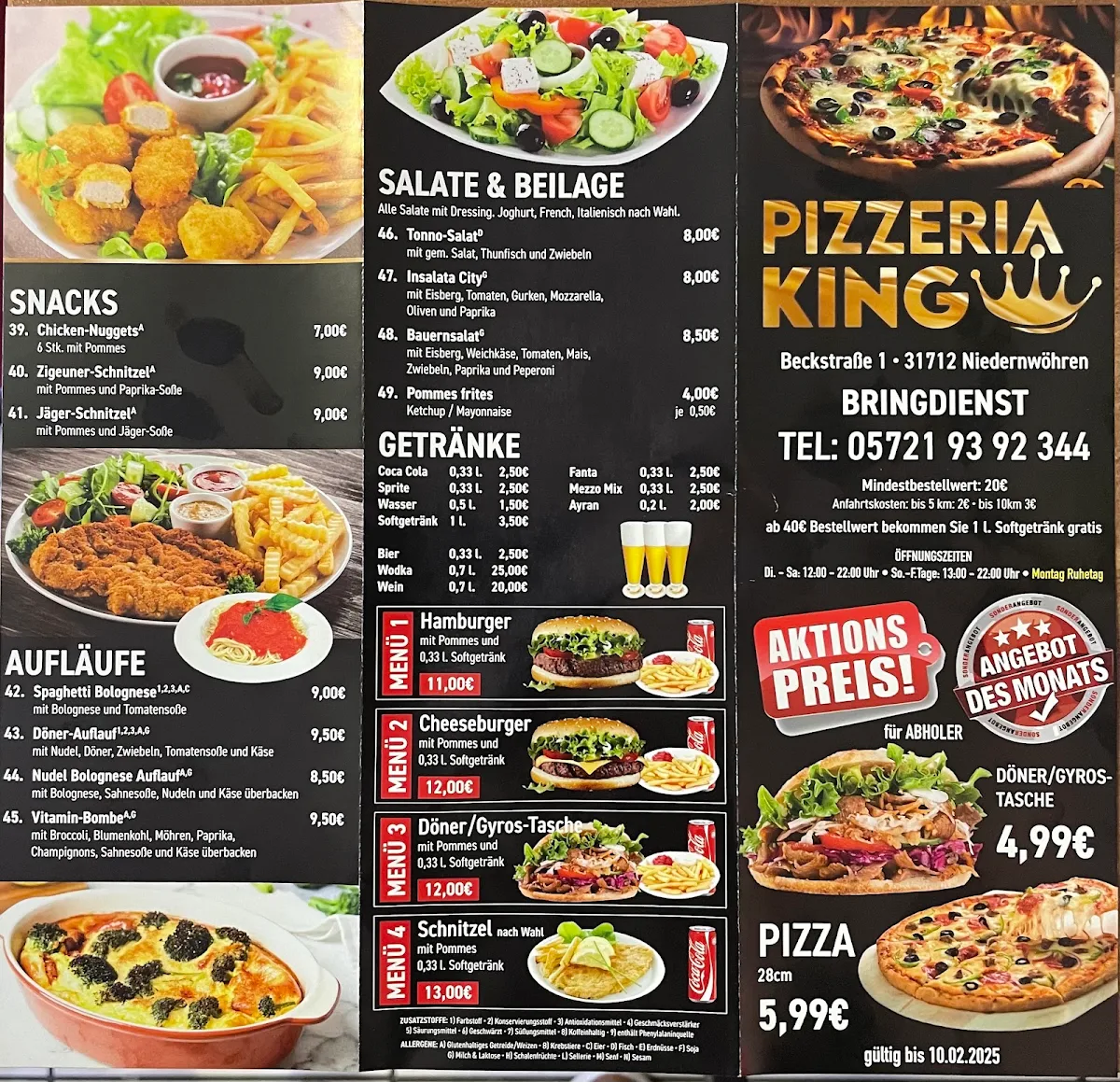 Speisekarte, Pizzeria King
