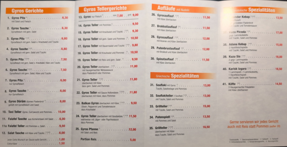 Speisekarte, Gyros Haus