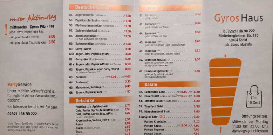 Speisekarte, Gyros Haus
