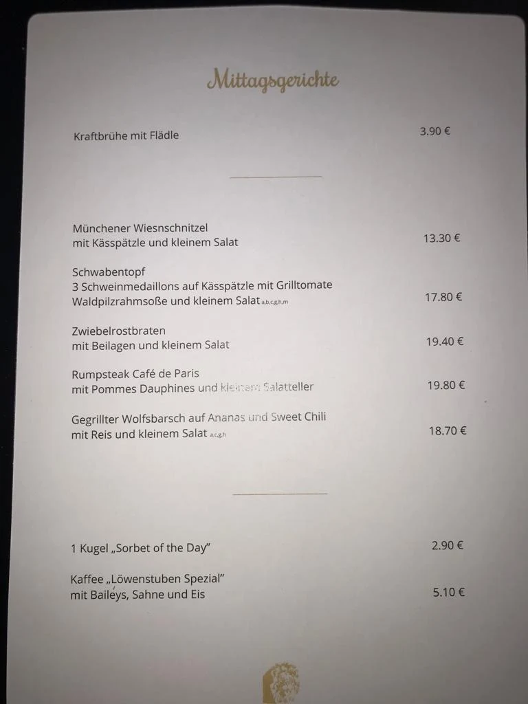Speisekarte, Löwenstuben