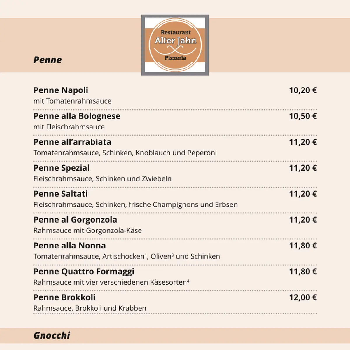 Speisekarte, Pizzeria Alter Jahn