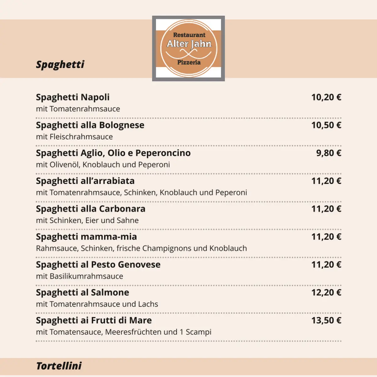 Speisekarte, Pizzeria Alter Jahn