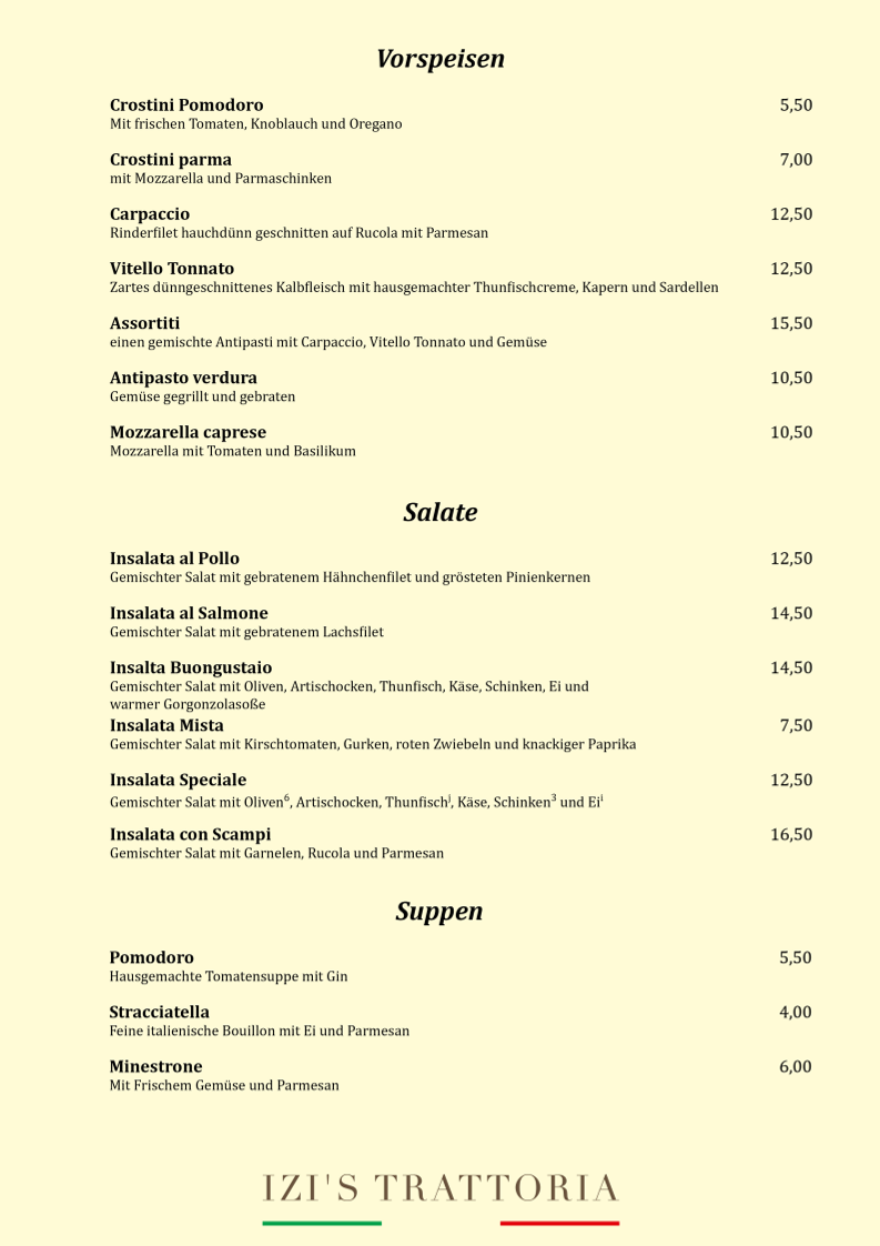 Speisekarte, Izi's Trattoria