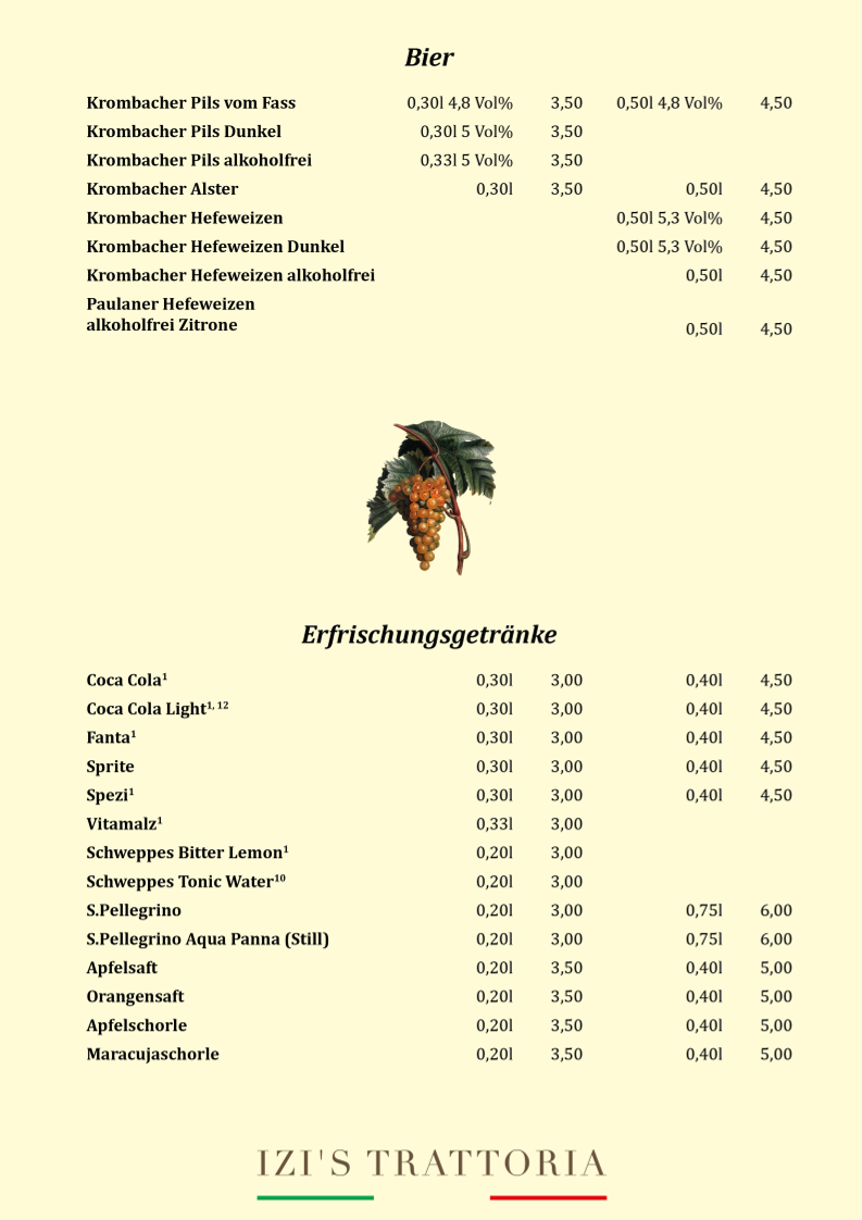 Speisekarte, Izi's Trattoria