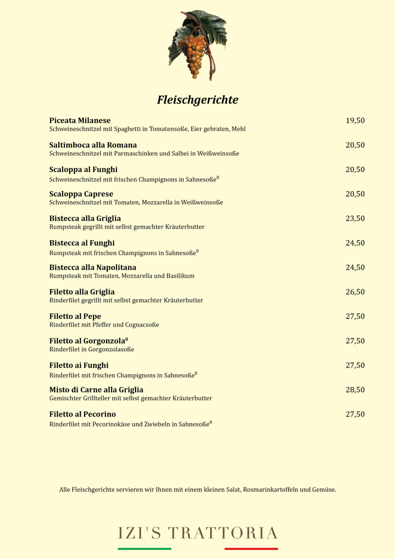 Speisekarte, Izi's Trattoria