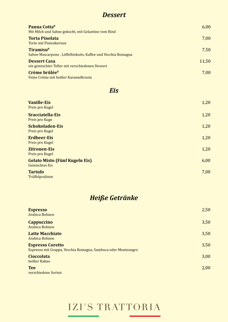 Speisekarte, Izi's Trattoria