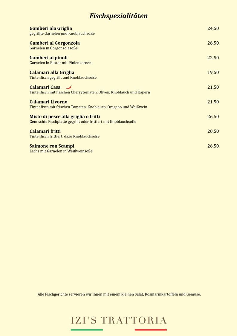 Speisekarte, Izi's Trattoria
