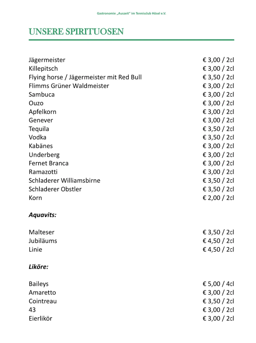 Speisekarte, Auszeit TC-Hösel