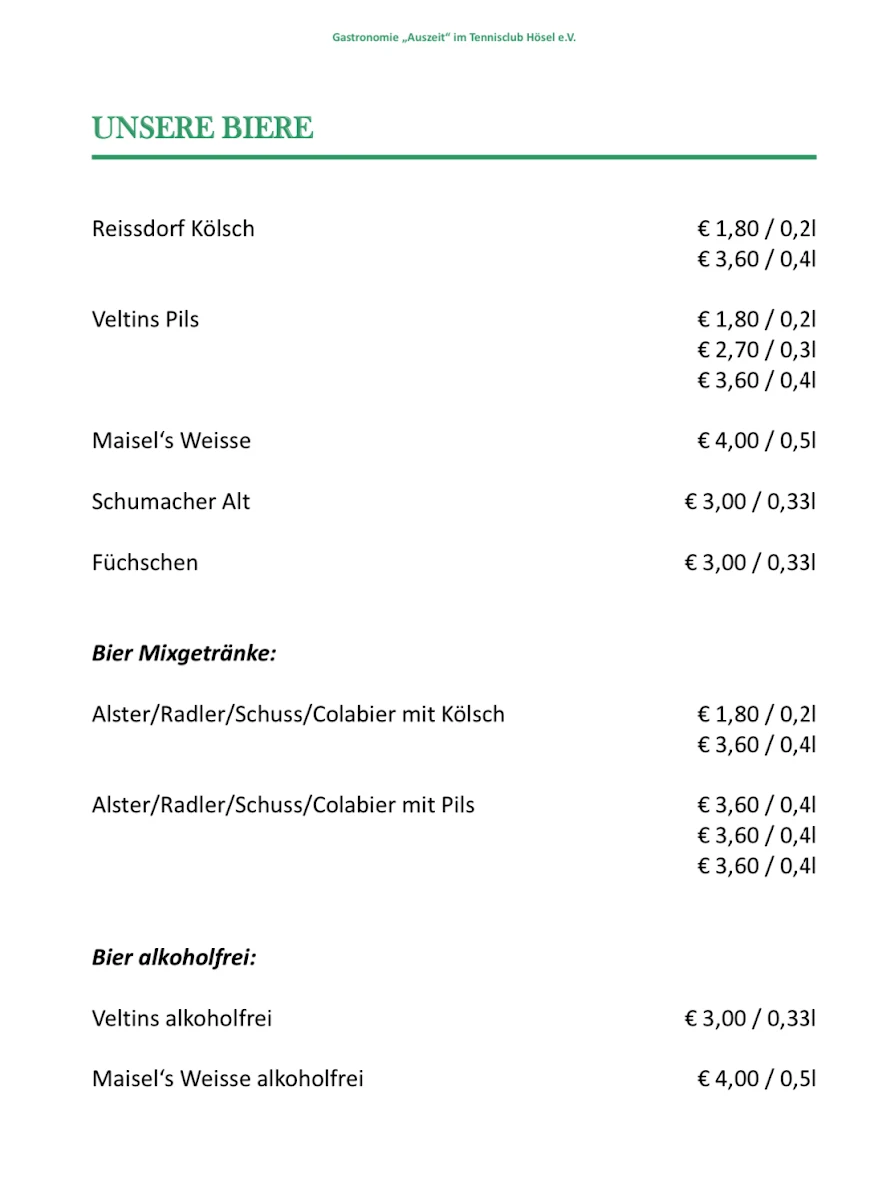 Speisekarte, Auszeit TC-Hösel