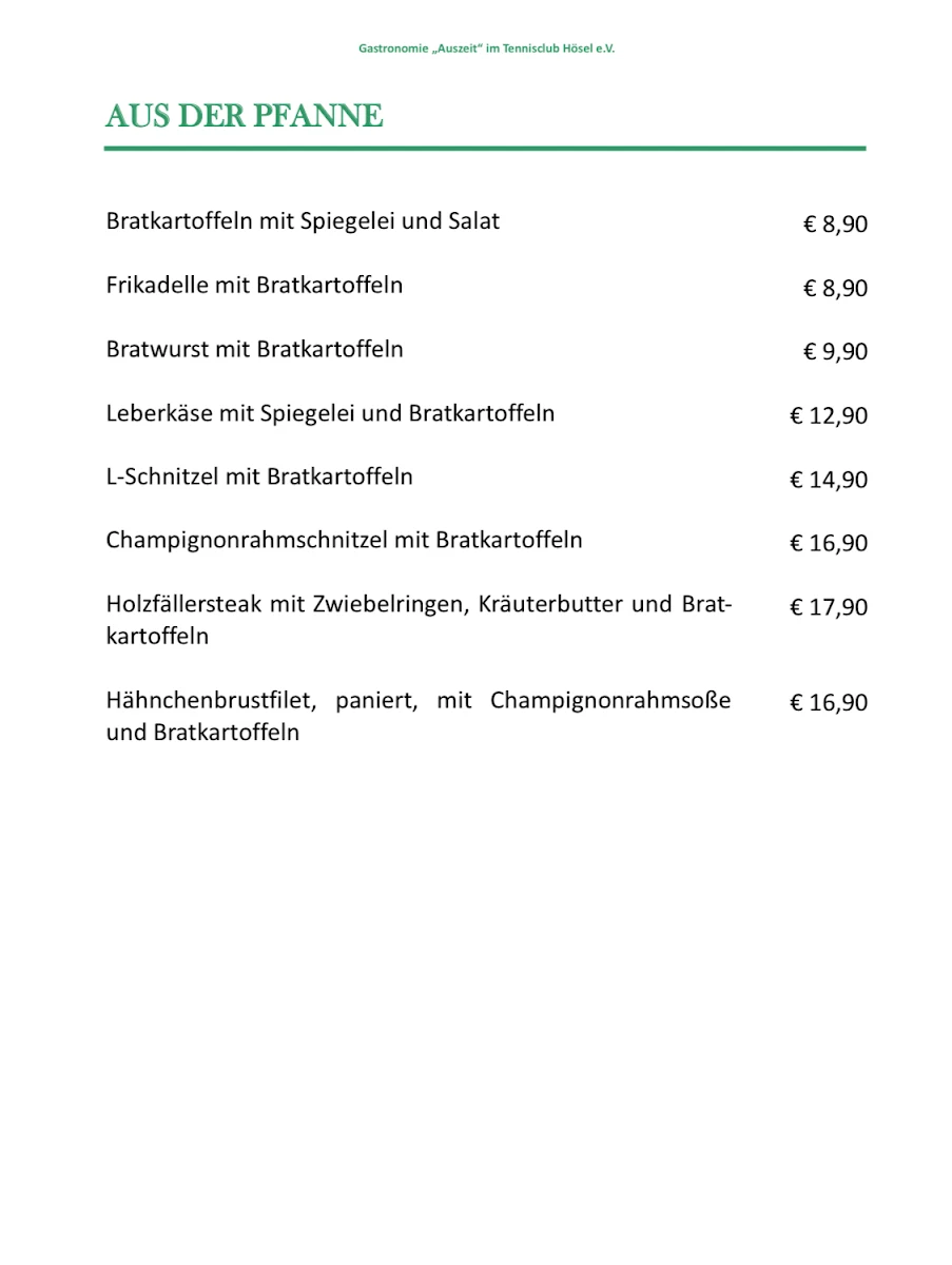 Speisekarte, Auszeit TC-Hösel