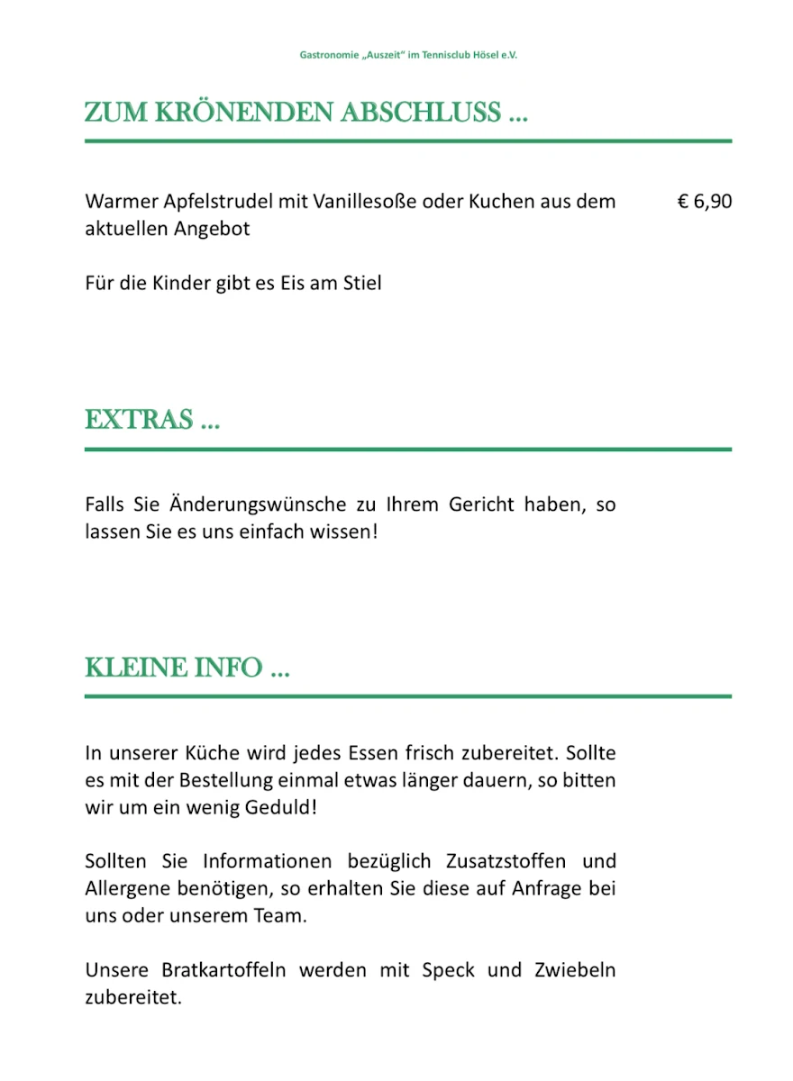Speisekarte, Auszeit TC-Hösel