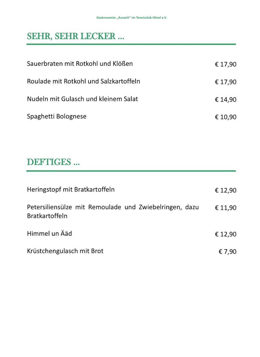 Speisekarte, Auszeit TC-Hösel
