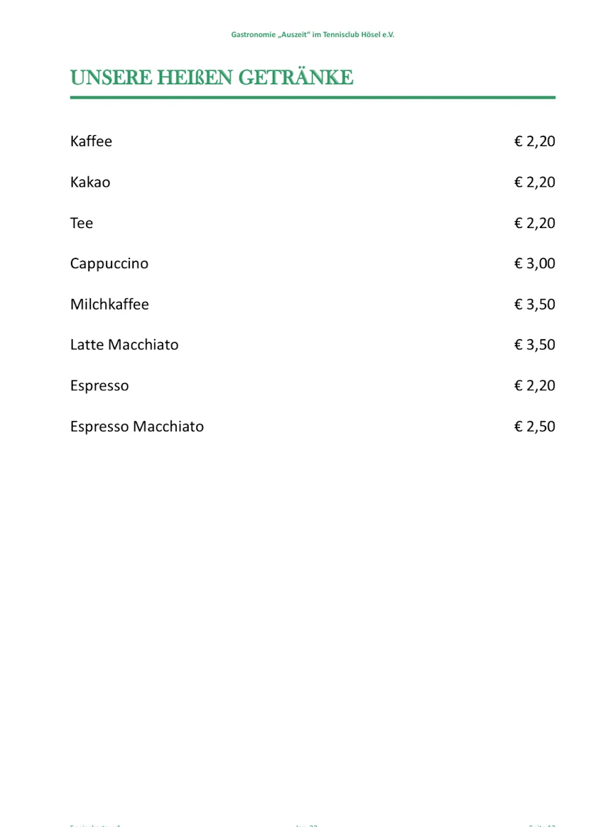 Speisekarte, Auszeit TC-Hösel