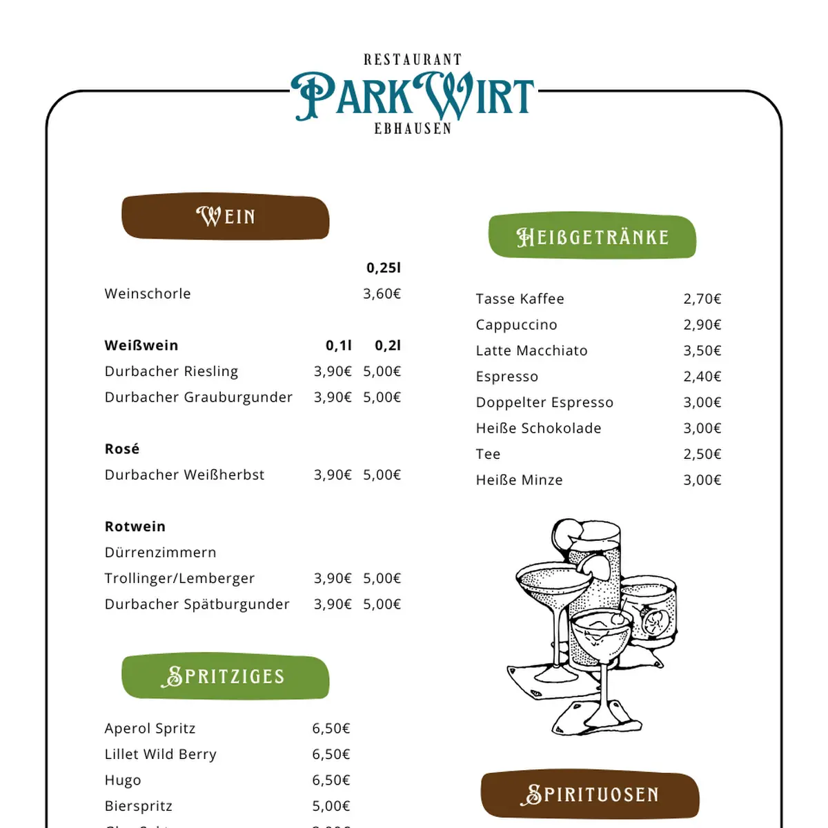 Speisekarte, Restaurant ParkWirt