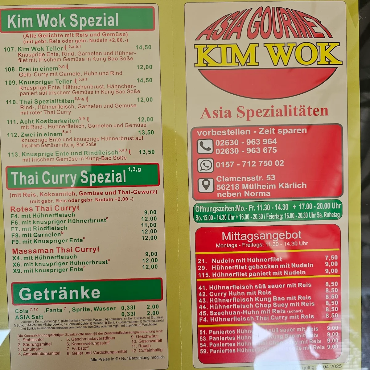 Speisekarte, Kim Wok Asia Gourmet