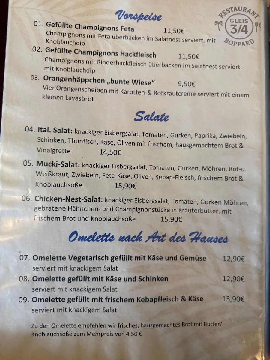 Speisekarte, Gleis 3/4 Boppard