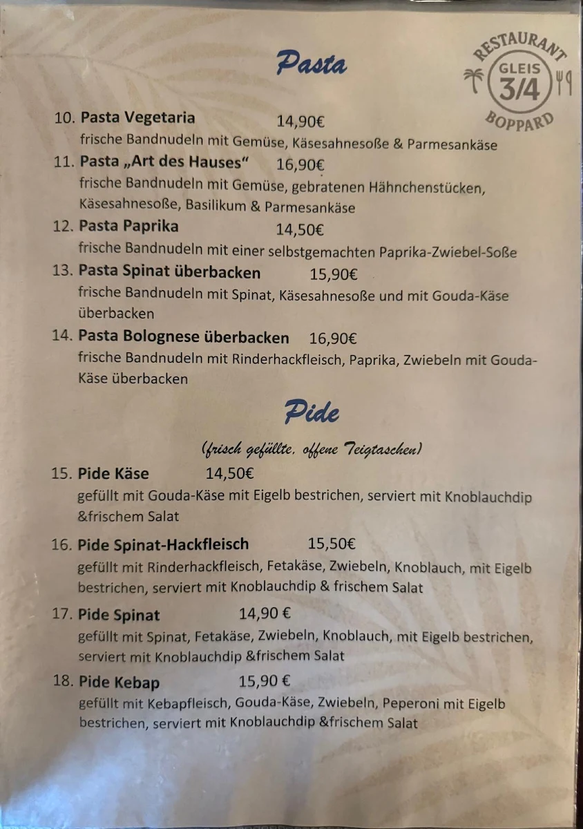 Speisekarte, Gleis 3/4 Boppard