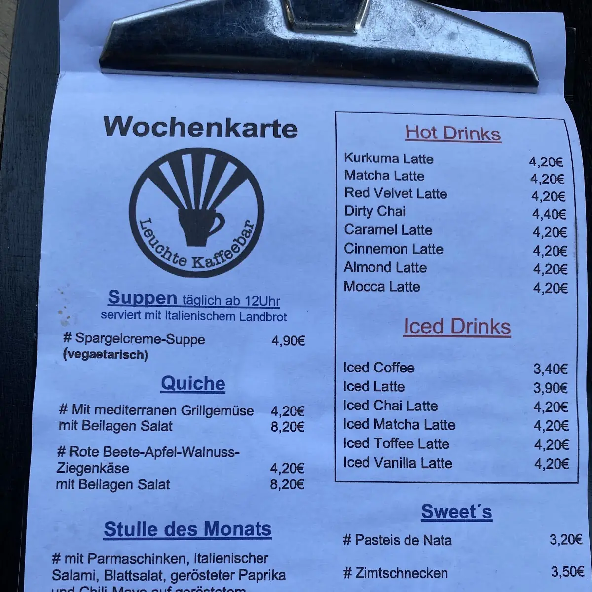 Speisekarte, Leuchte Kaffeebar