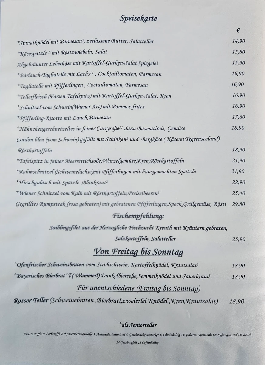 Speisekarte, Gasthof zum Rosser