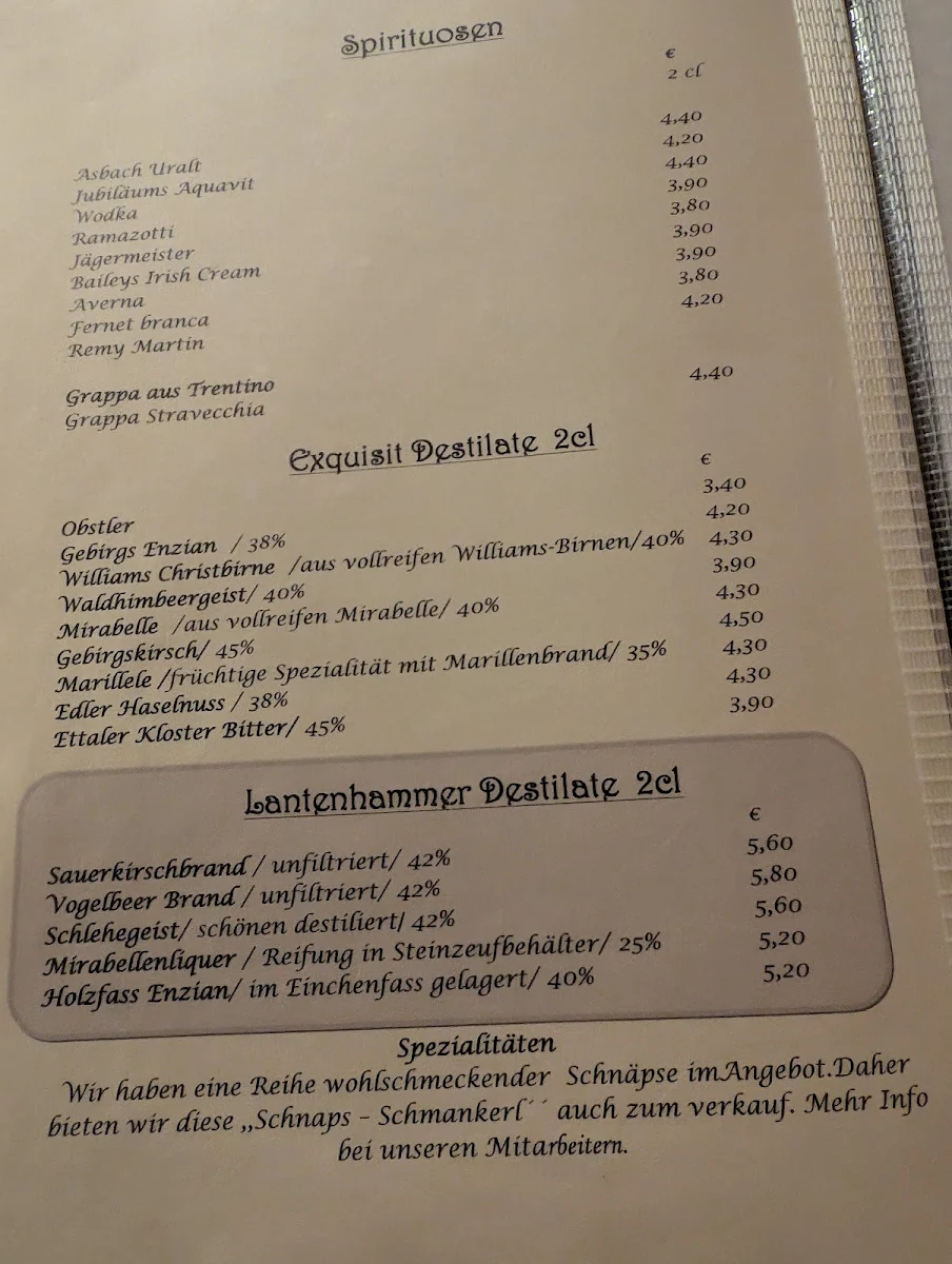 Speisekarte, Gasthof zum Rosser