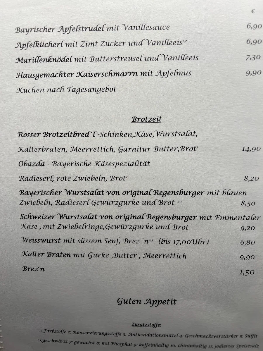 Speisekarte, Gasthof zum Rosser