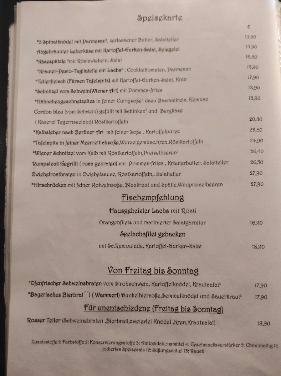 Speisekarte, Gasthof zum Rosser