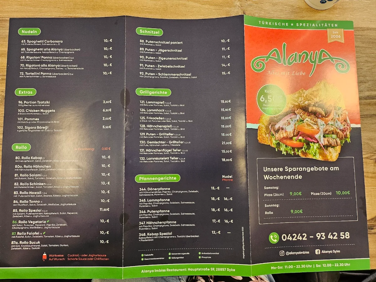Speisekarte, Alanya Schnellimbiss & Restaurant