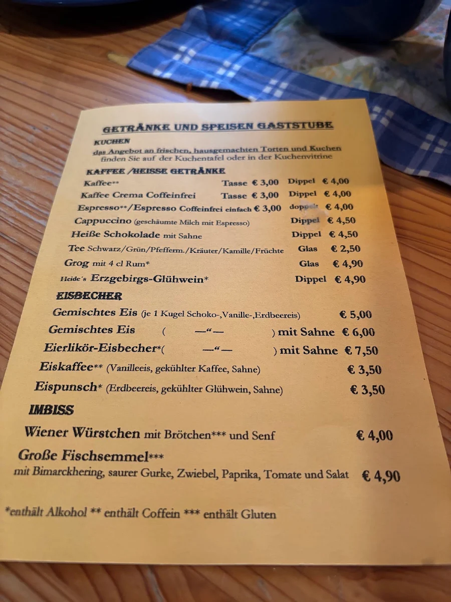 Speisekarte, Talsperrencafé Zum Singenden Erzgebirgswirt, Café und Ausflugsziel