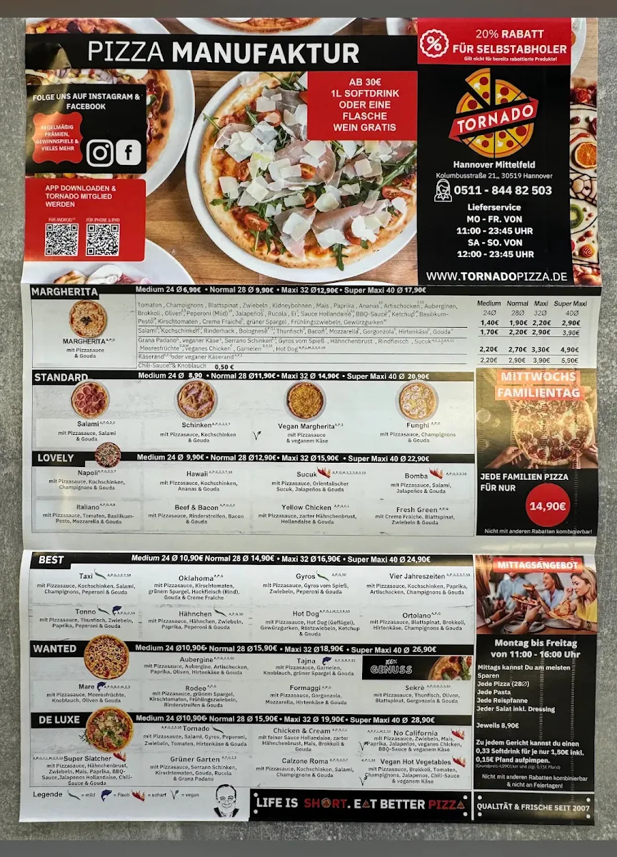 Speisekarte, Pizza Tornado Mittelfeld