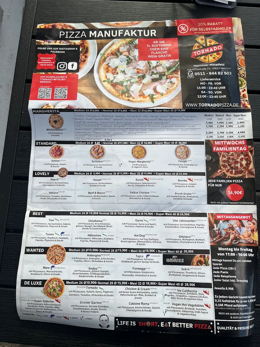 Speisekarte, Pizza Tornado Mittelfeld
