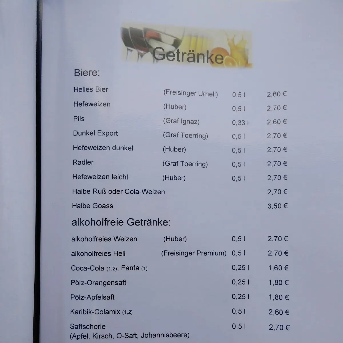 Speisekarte, Schloßgaststätte Schlamp