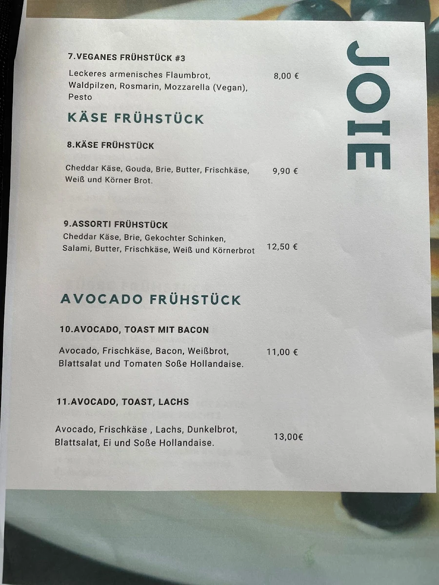 Speisekarte, Joie Restaurant & Eventhaus