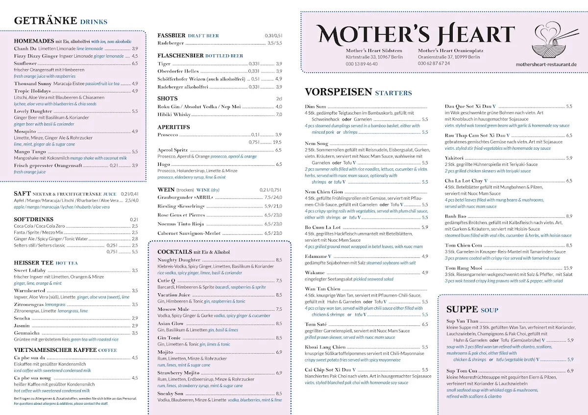 Speisekarte, Mother's Heart Oranienplatz