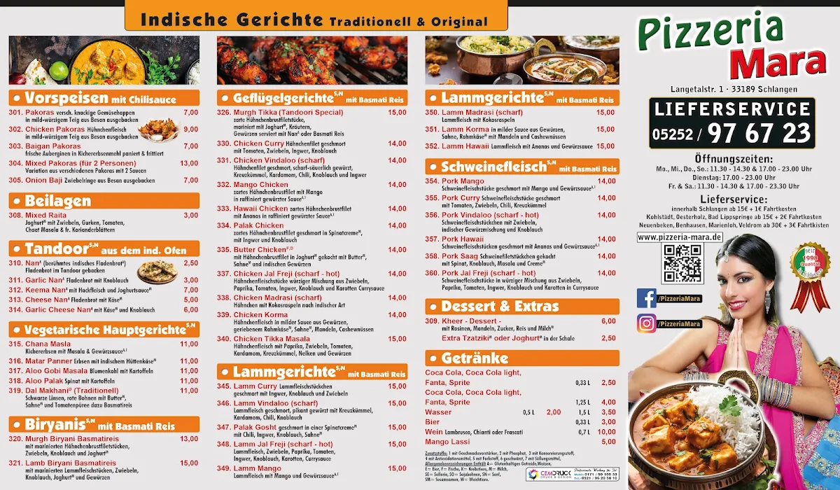 Speisekarte, Pizzeria Mara