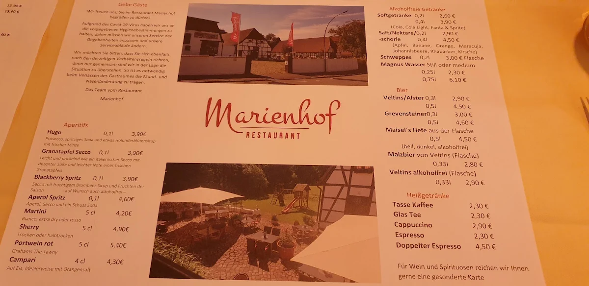 Speisekarte, Restaurant Marienhof