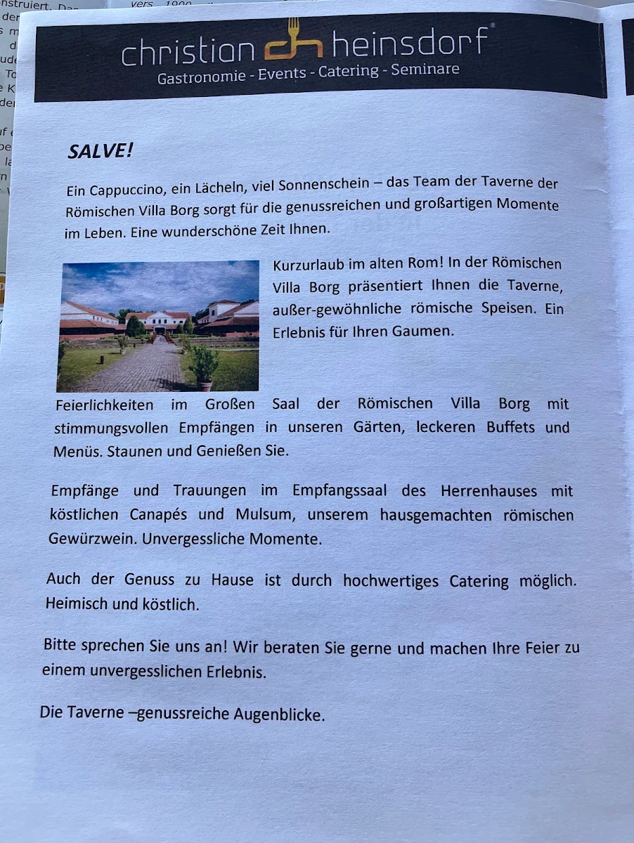 Speisekarte, Taverne Römische Villa Borg