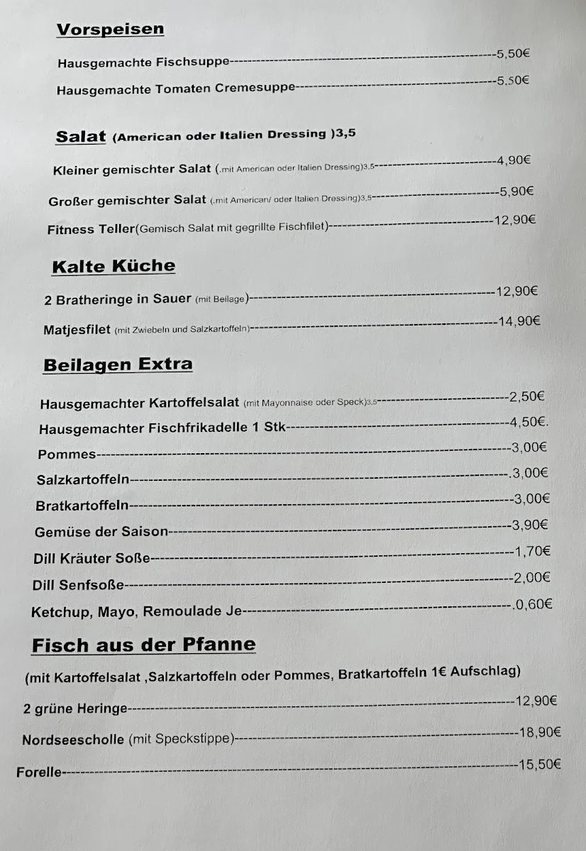 Speisekarte, Fischrestaurant Nordmeer