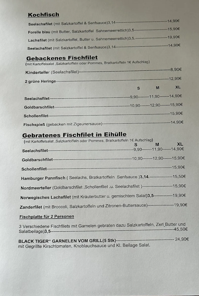 Speisekarte, Fischrestaurant Nordmeer