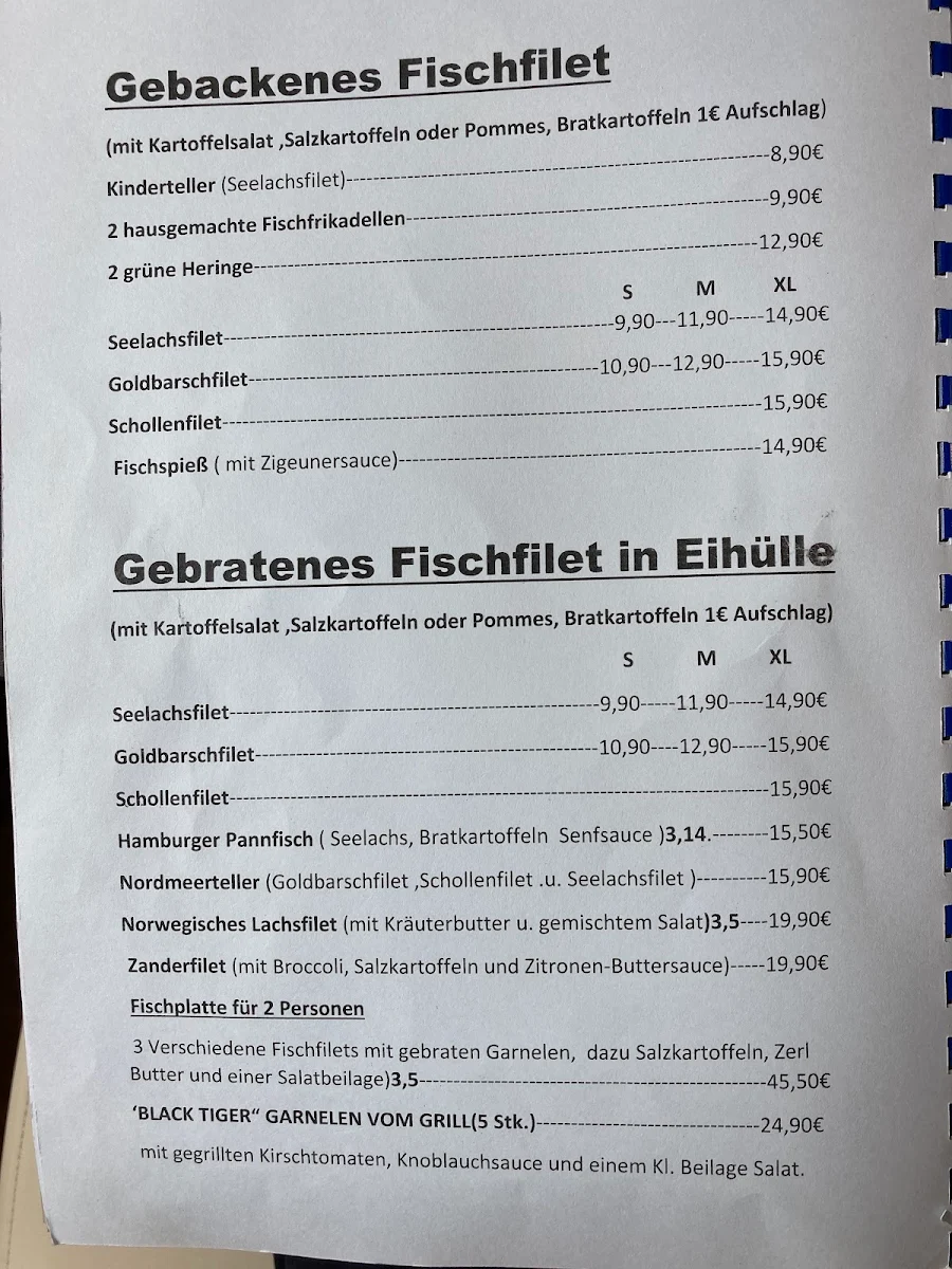 Speisekarte, Fischrestaurant Nordmeer