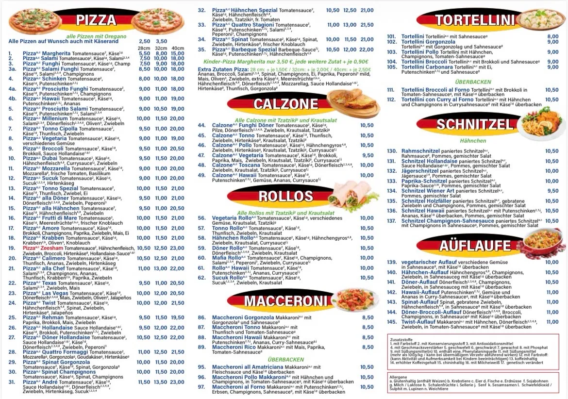 Speisekarte, Pizzeria Twist