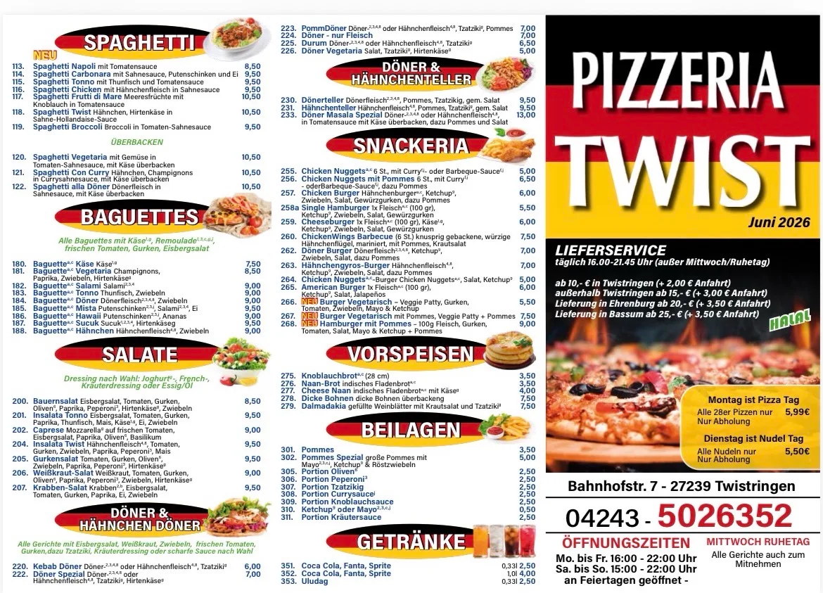 Speisekarte, Pizzeria Twist