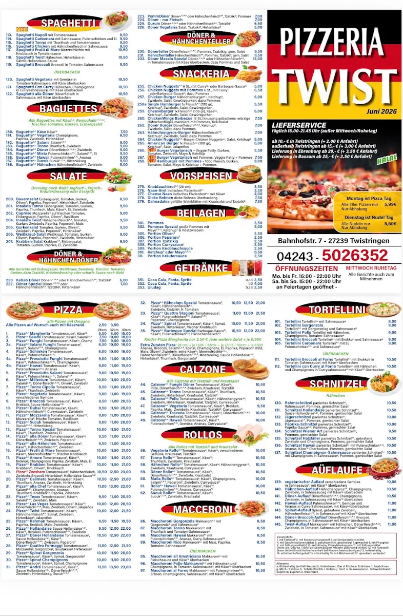Speisekarte, Pizzeria Twist