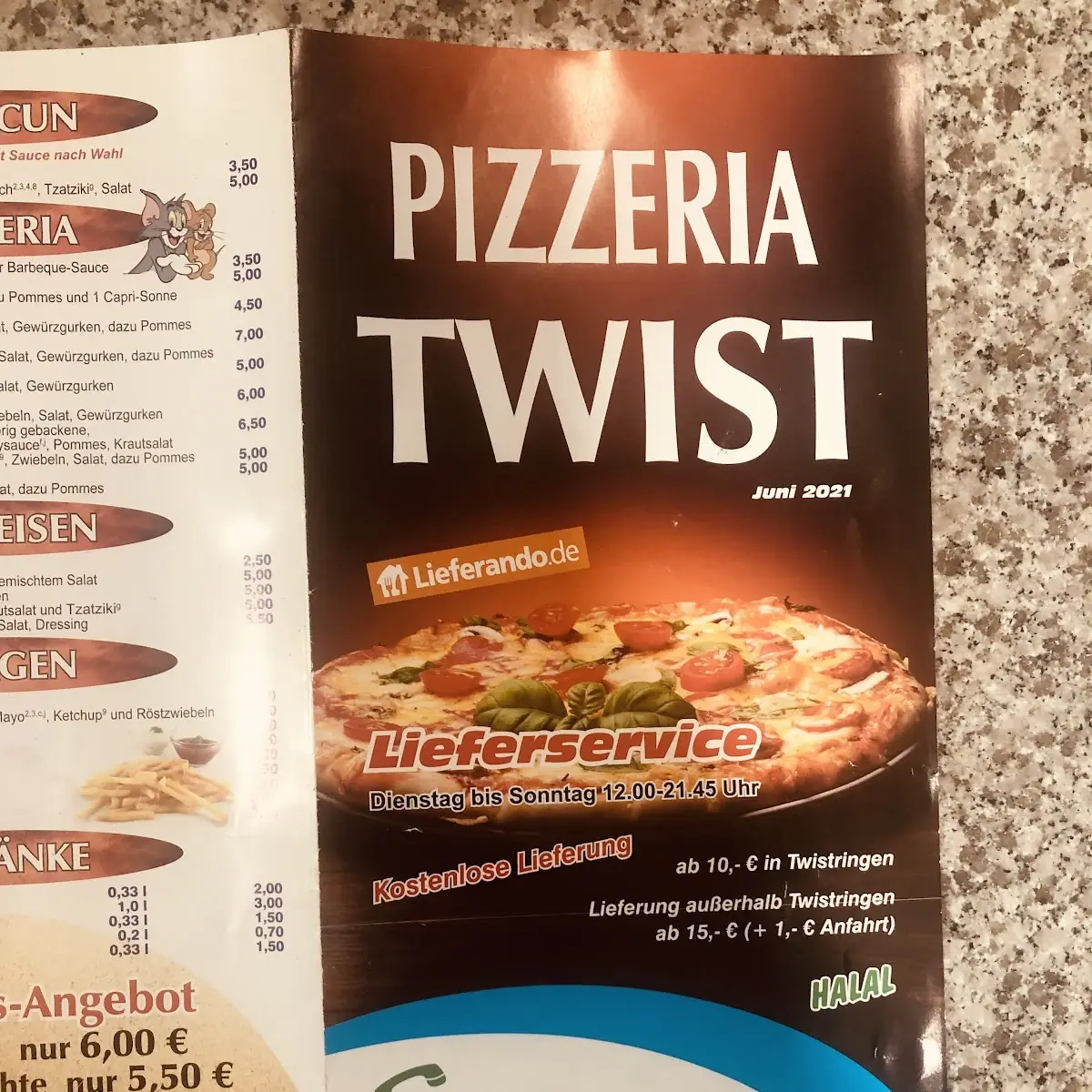 Speisekarte, Pizzeria Twist