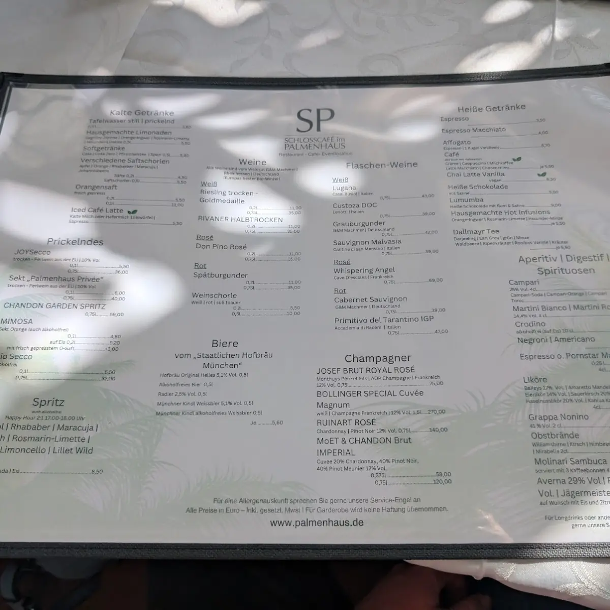 Speisekarte, Schlosscafé im Palmenhaus