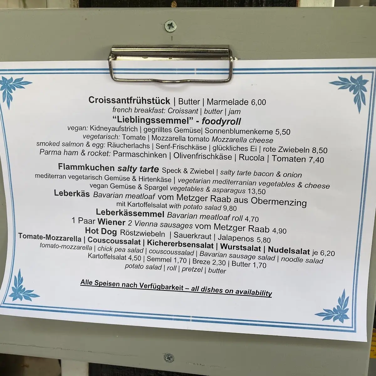 Speisekarte, Schlosscafé im Palmenhaus