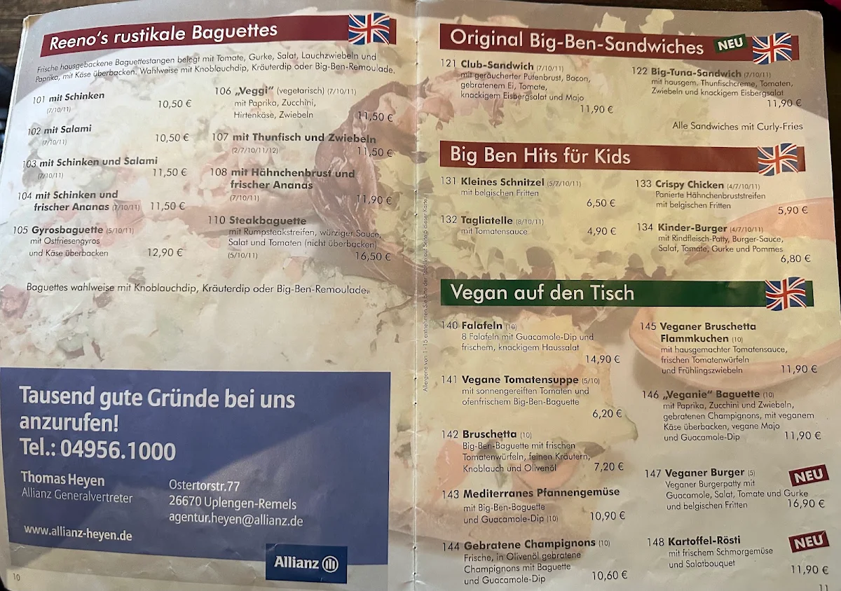 Speisekarte, Restaurant Big Ben Wiesmoor