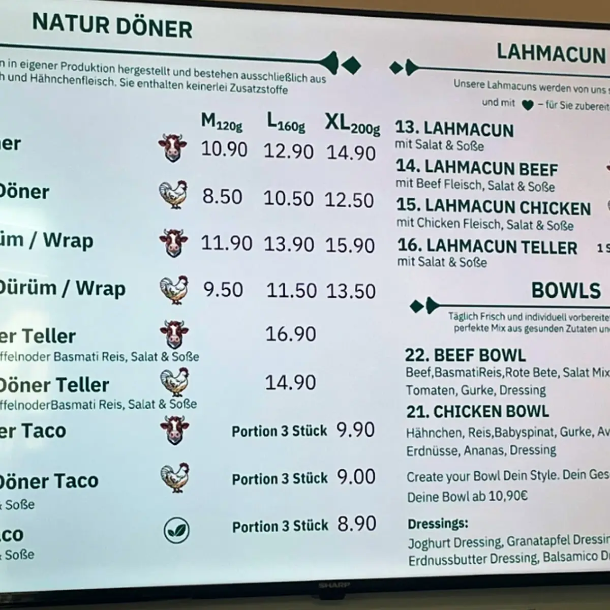 Speisekarte, BolBol Natur Döner