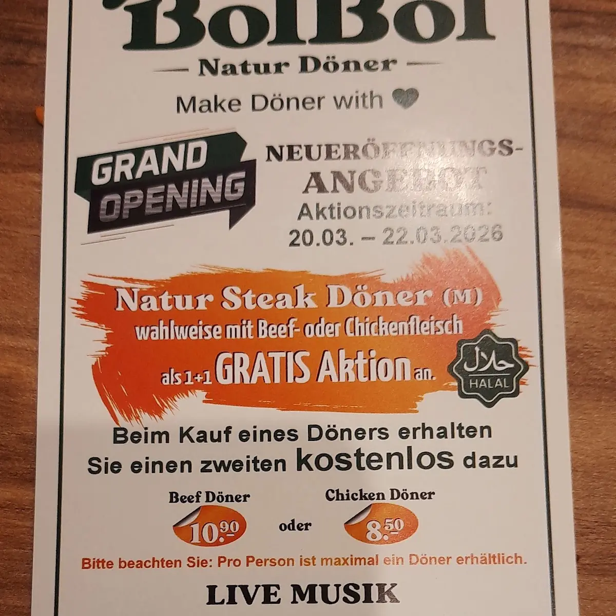 Speisekarte, BolBol Natur Döner