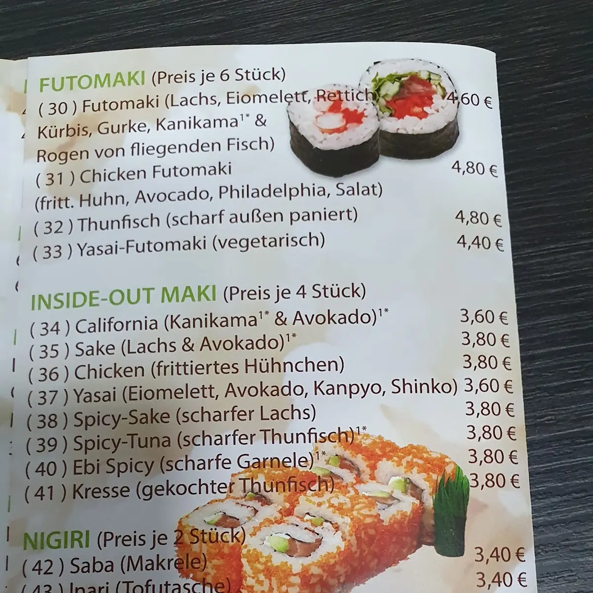 Speisekarte, Nagoya Sushi Bar